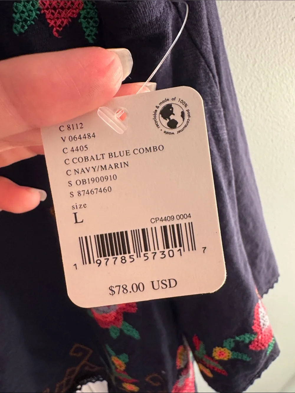 Free People Navy Embroidered Floral Tank with Pink Roses